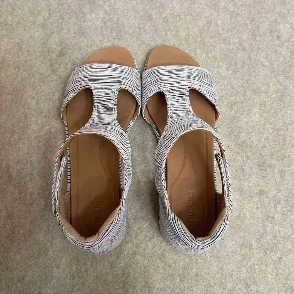 Nurture Multicolor Striped Leather Low Wedge Hook and Loop Sandals Womens size 8
